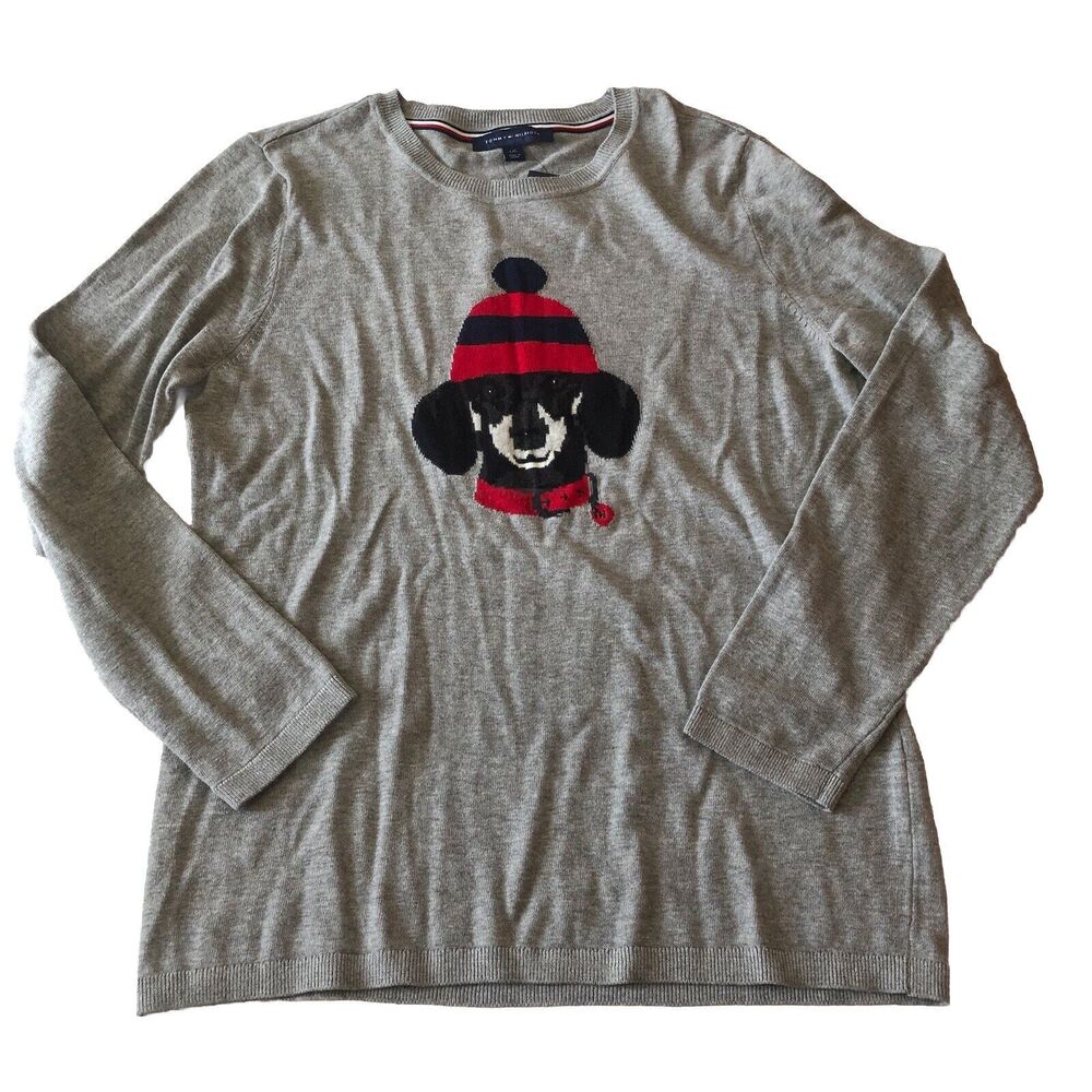 Tommy Hilfiger Women’s Gray Sweater With Dog Wearing Beanie Size Large NWT